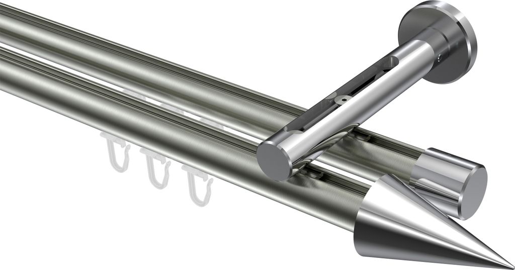 Interdeco Innenlaufstange / Gardinenstange mit Innenlauf Edelstahl-Optik / Chrom, Typ Siteno Savio (Kegel), 20 mm Ø 2-läufig, 180 cm