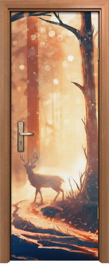 Türposter 70x200 cm Türaufkleber Türtapete Türfolie Klebefolie Landschafts wald Hirsch im warmen Wald