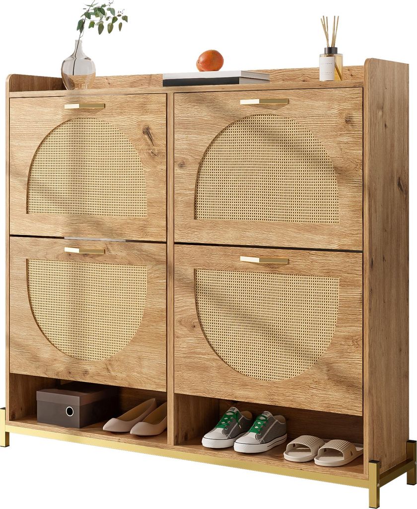 Eleganter Schuhschrank aus Holz mit Rattantüren – 4 Türen, Metallrahmen und oberes Regal für stilvolle und übersichtliche Aufbewahrung.