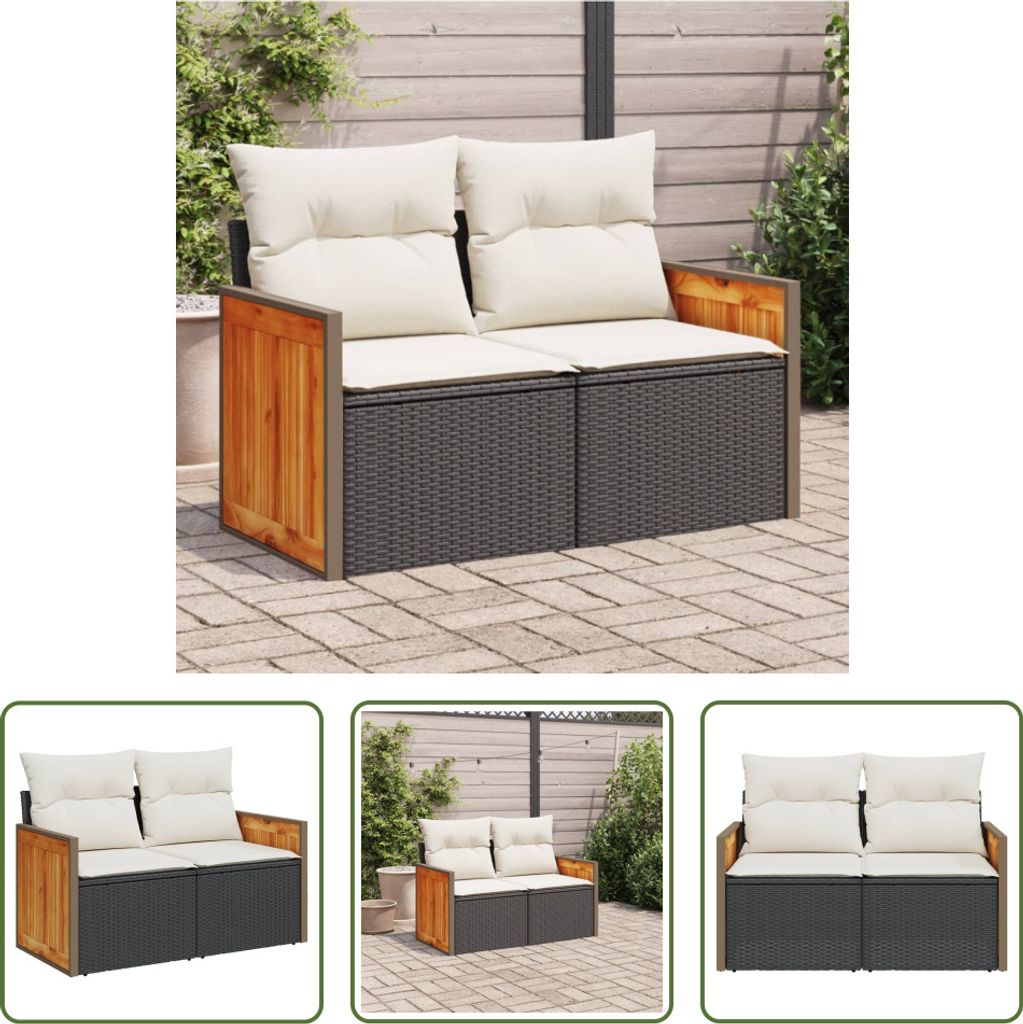 The Living Store Gartensofa mit Kissen 2-Sitzer Schwarz Poly Rattan