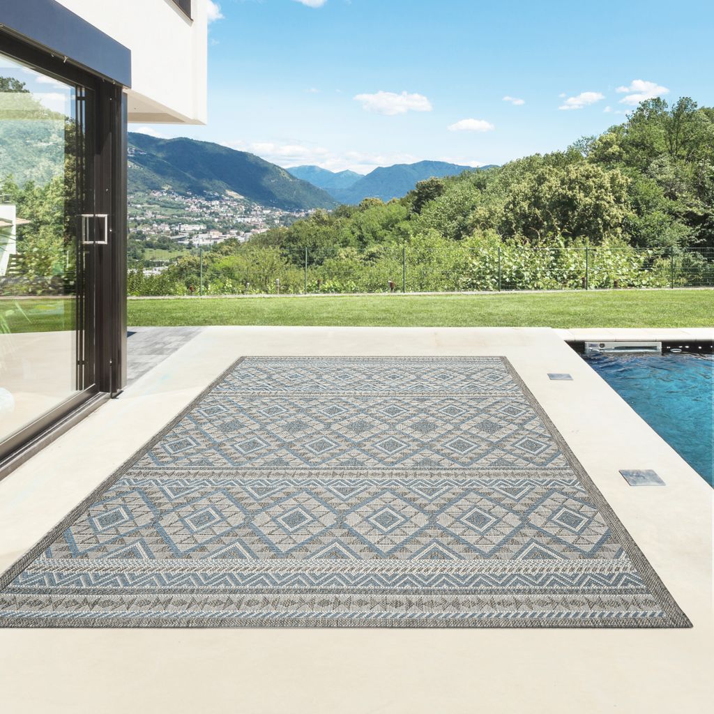 Outdoor Teppich I UV-Stabil Für Drinnen und Draußen I Terrasse Balkon Garten Wohnzimmer Badezimmer Küche Flur Läufer | Rauten Fein Blau