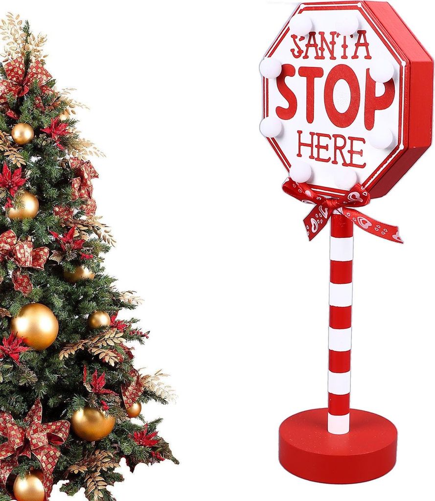 Weihnachten Stop Hier Nachbildung Metall Massivholz LED Delicate Santa Stop Hier Baum Topper für Weihnachten Party Achteck 12x8x30,5cm