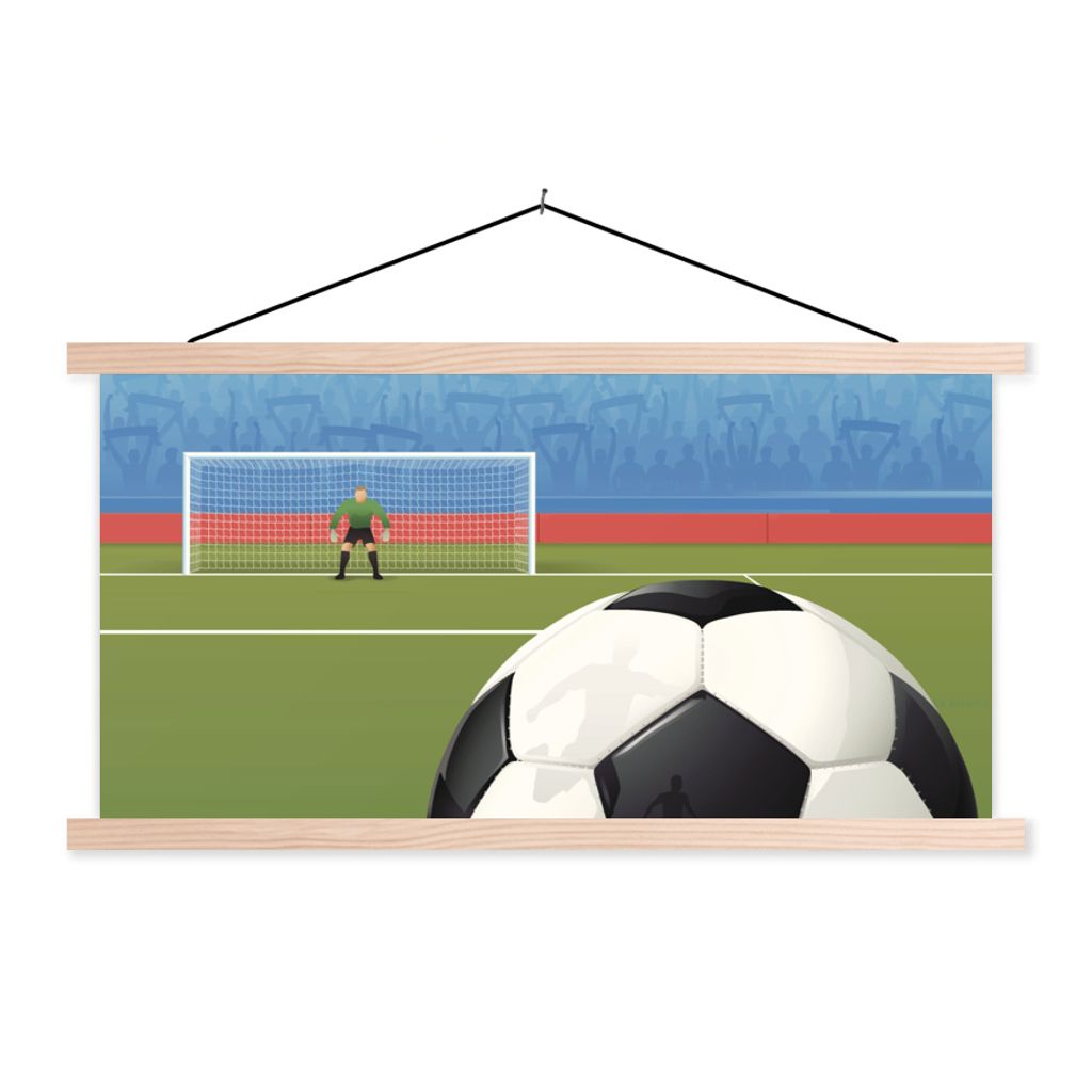 MuchoWow Textilposter Eine Illustration eines Fußballs auf dem Feld im Stadion - Jungen - Mädchen - Kinder 60x30 cm mit holzfarbenen Rahmen - D...
