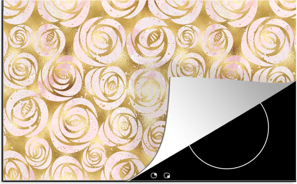 KitchenYeah Herdabdeckplatte Marmor - Gold - Rosen - Muster , 91x52cm, Küche Deko, Glaskeramikkochfeld Herdabdeckung, Abdeckplatte fùr Kochfeld