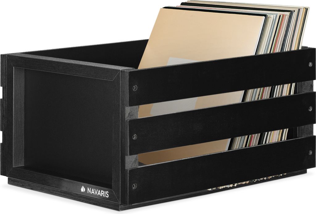 Navaris Holz Schallplatten Kiste mit Kreidetafel - 42,9 x 34,4 x 22,9 cm - für bis zu 80 LP Platten - Vinyl Aufbewahrung Holzkiste - Schwarz
