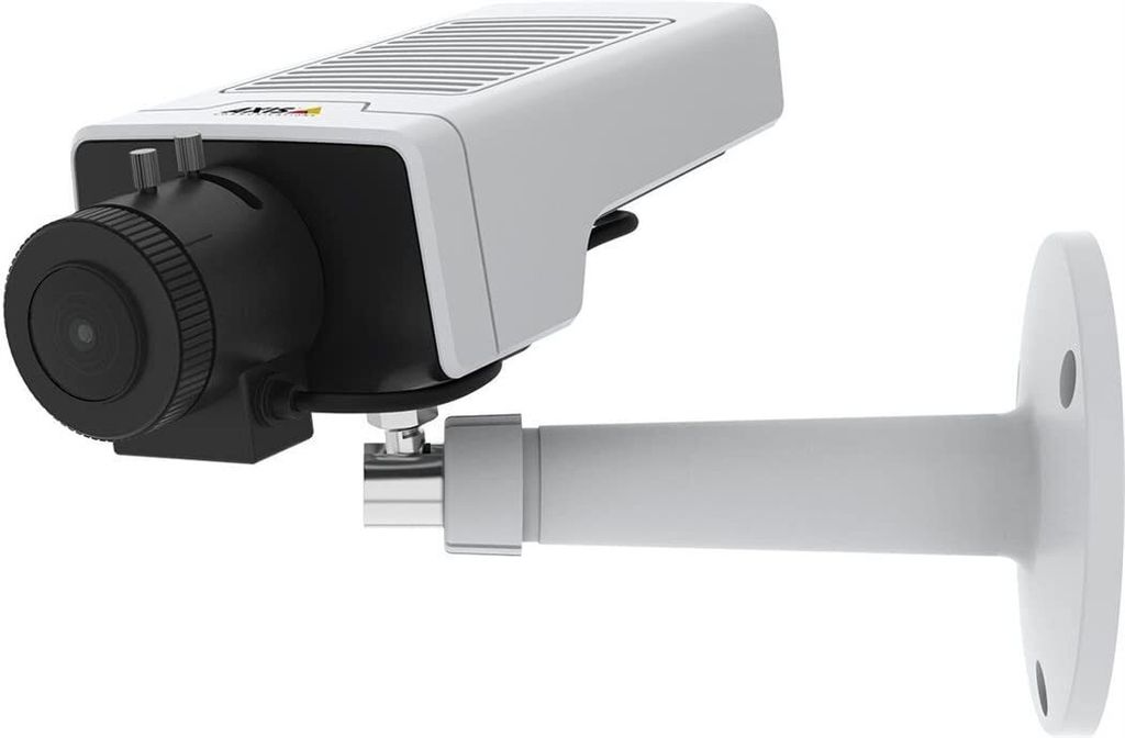 A white and black security camera mounted on a white bracket against a white background.