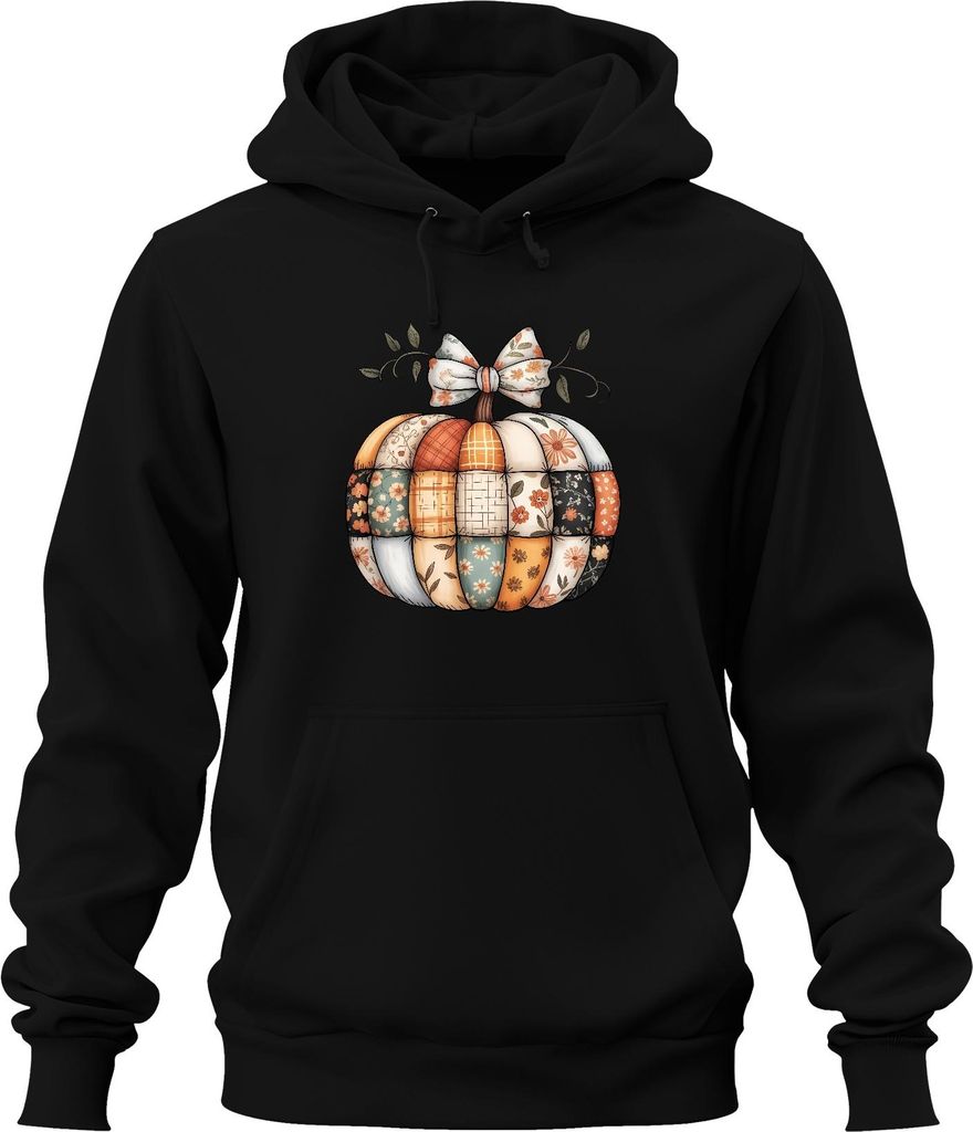 Patchwork Kürbis Herbst Boho Vintage Blumen Landhaus Shabby Chic Uni Hoodie Kapuzenpullover, Schwarz, XXL