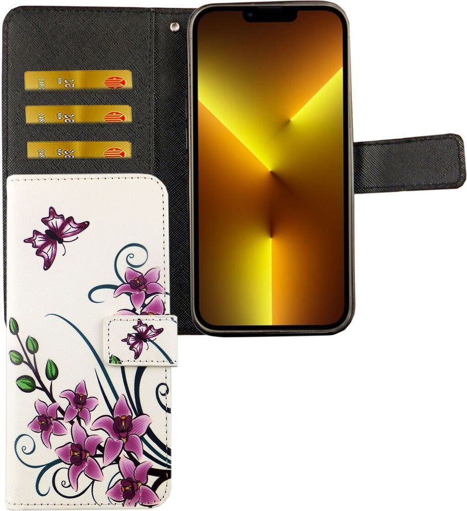 Apple iPhone 13 Tasche Handy Hülle Schutz-Cover Flip-Case mit Kartenfach, Farbe:Lotusblume Weiß