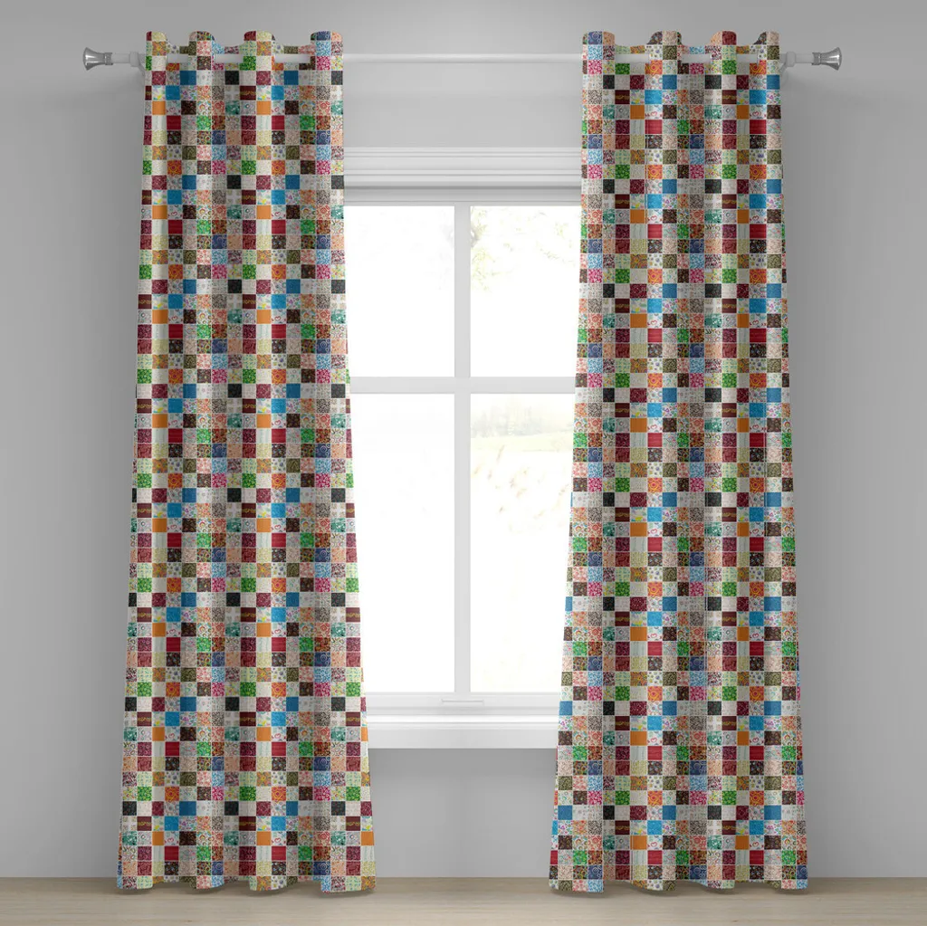 ABAKUHAUS Tenda con occhielli retrò, grande patchwork con motivi tradizionali classici, vintage e festivi, tende decorative a 2 pannelli, 280 cm x 175 cm, multicolore