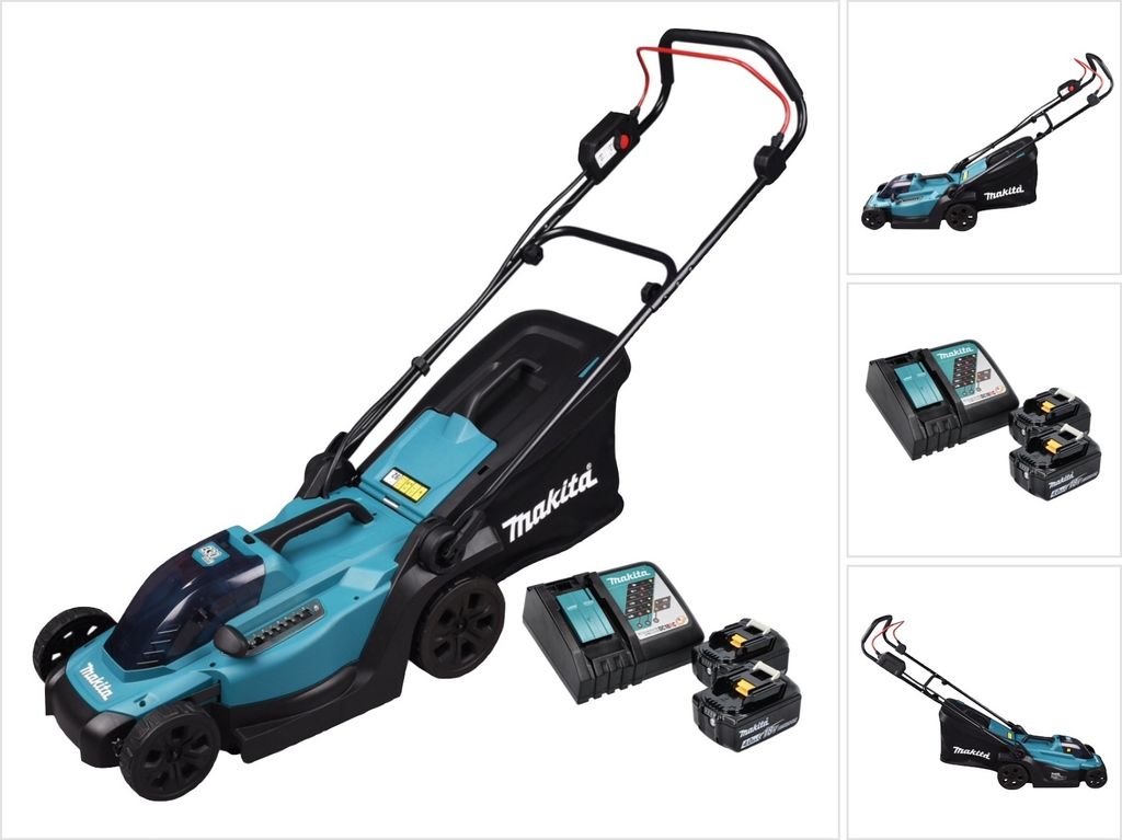 A collage of images showing a Makita cordless lawnmower and its accessories.