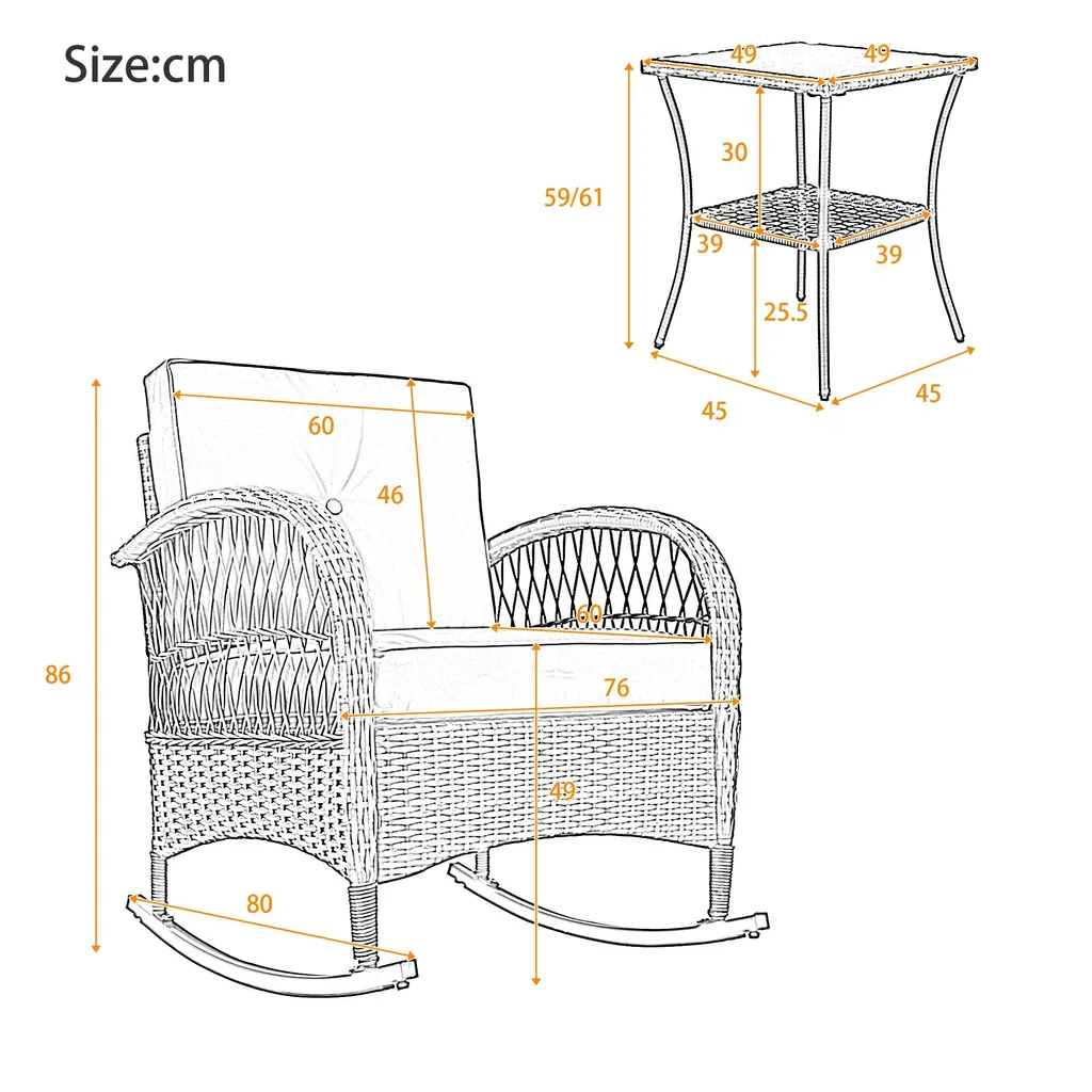 Fauteuil à bascule de balcon en rotin et table basse, coussins beiges - 12