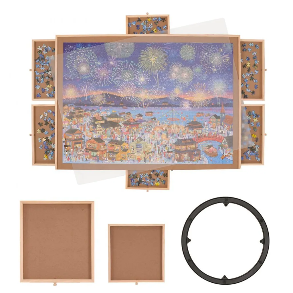 Plateau de Puzzle Rotatif avec 6 Tiroirs de Rangement en Bois de Pin