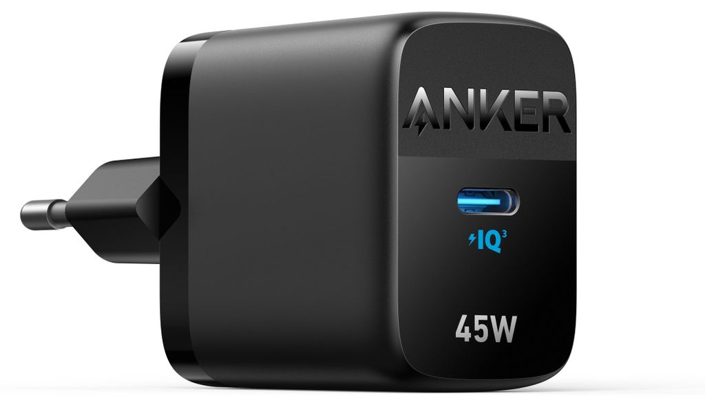 A black Anker 45W USB-C charger is shown against a white background.
