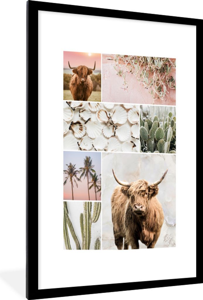 MuchoWow Gerahmtes Poster Schottische Highlander - Collage - Pflanzen 60x90 cm - Poster mit Schwarzem Bilderrahmen Wandposter Rahmen Foto Bilder ...