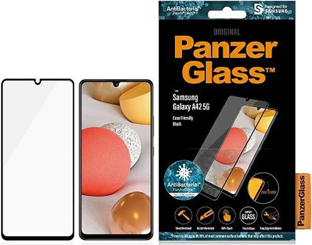 Panzerglass E2E Super+ AntiBakterielles gehrtetes Glas fr Samsung Galaxy A42 5G - mit schwarzem Rahmen