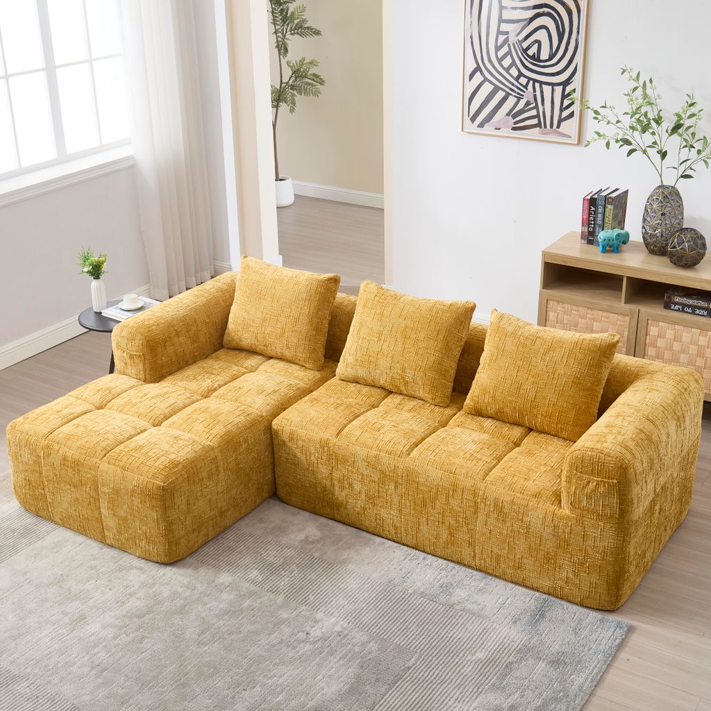 Sweiko Modernes Sektionssofa, L-Sofa, 3-Sitzer-Sofa, keine Installation erforderlich, Chenille-Sofa mit Chaiselongue und Armlehnen, 3 Kissen, Seite...