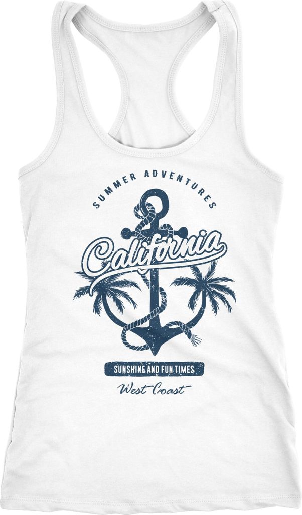 Damen Tank-Top Anker Palmen Anchor Palms Racerback Baumwolle Slim Fit Neverless weiß-blau XS