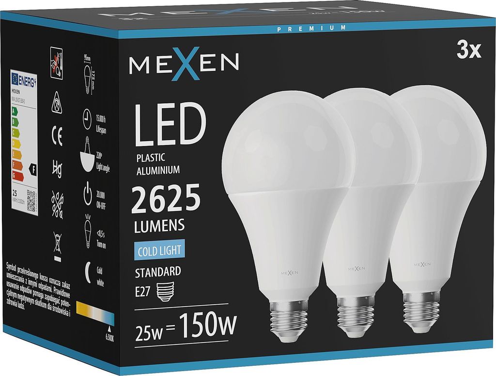 Mexen Nova 3x LED-Glühbirne E27, A95, 25W, Kalt - 6500K, Produktbild 