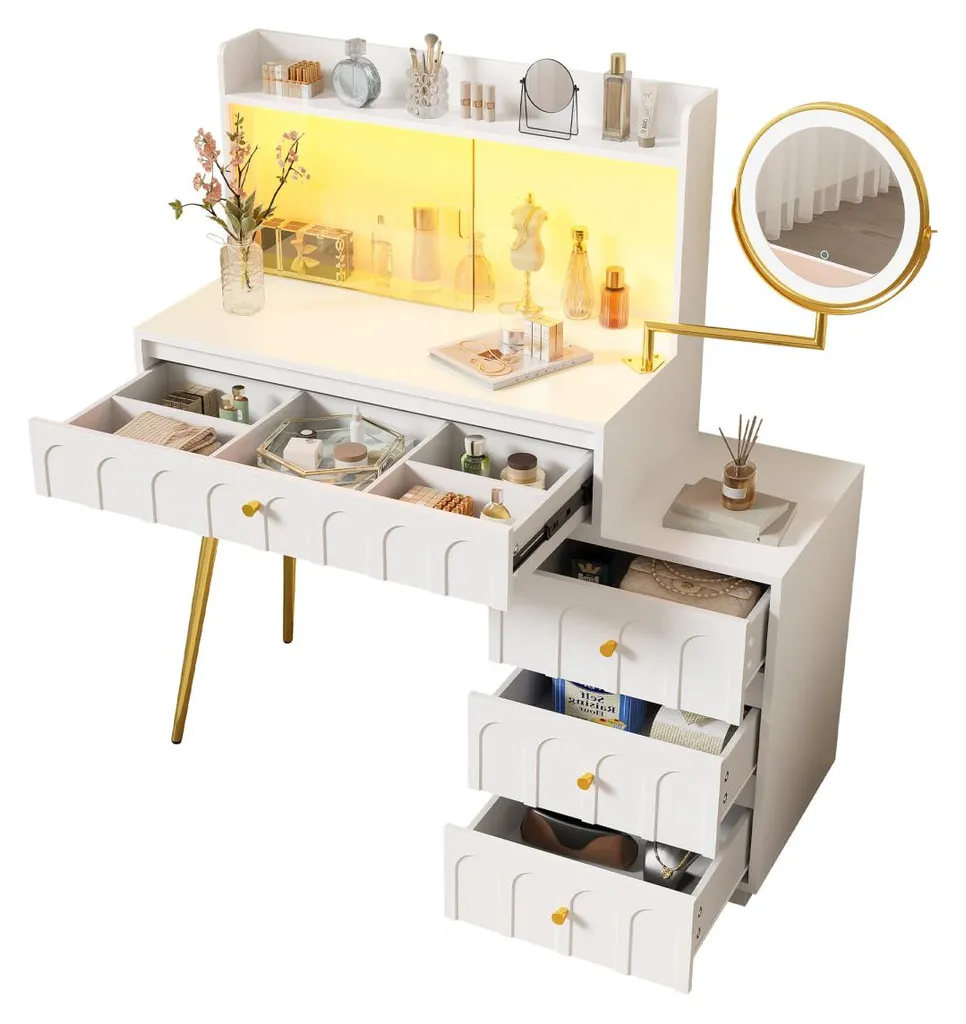 Coiffeuse blanche miroir lumineux pour optimiser le rangement - 15