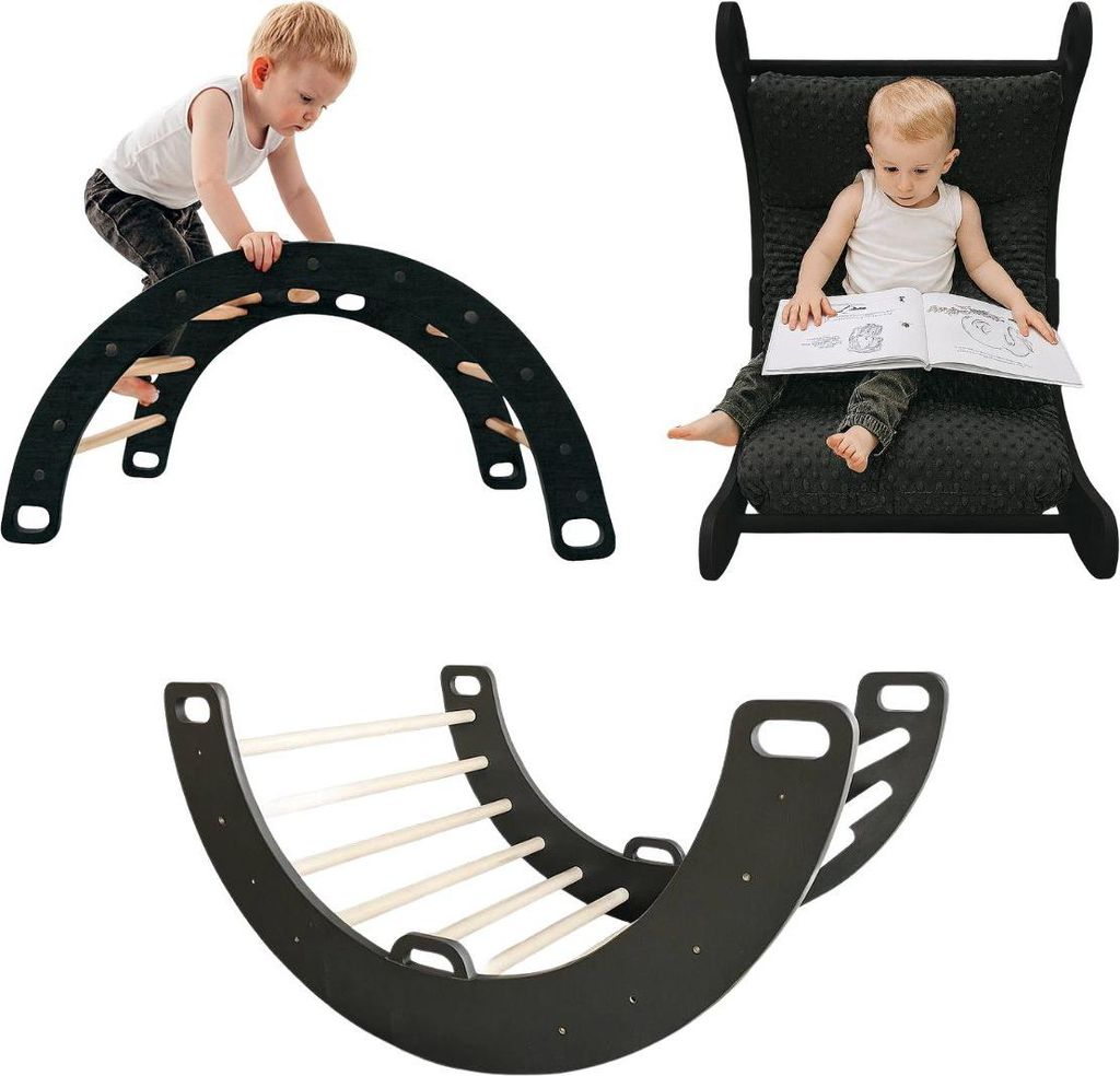 Kletterbogen Holz Schaukel Schwarz | Kletter Dreieck für Kinder | Montessori Spielzeug | Rockerboard Spielmöbel