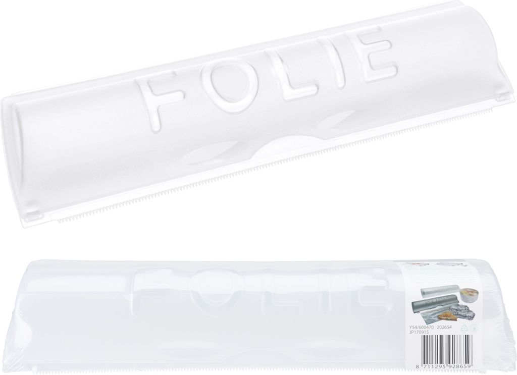 A clear product shot of a plastic dispenser for cling film or aluminum foil.