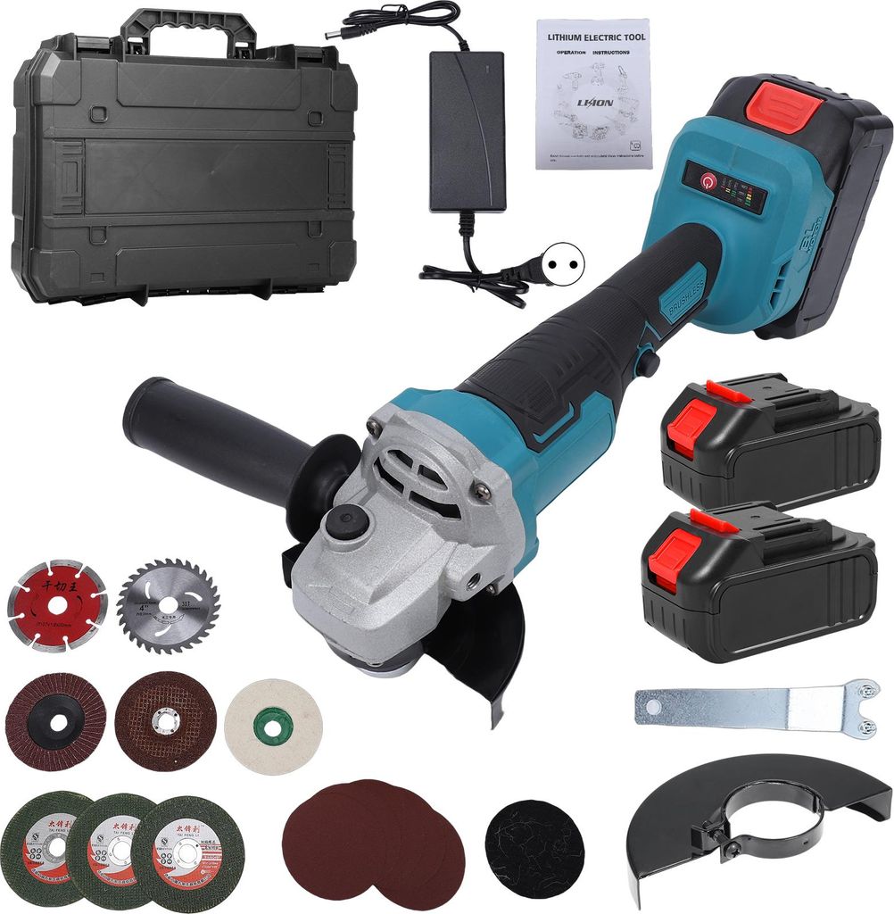 Akku-Winkelschleifer, bürstenloser elektrischer Metallschleifer mit Spindelarretierung, 3-stufige Poliermaschine, zwei Akkus und ein Ladegerät in...