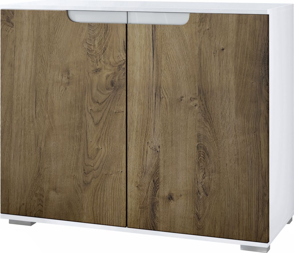 Vladon Kommode Sylt V3, Moderner Küchenschrank mit 2 großen Türen Weiß matt / Eiche Ribbeck (92,5 x 75.5 x 35)