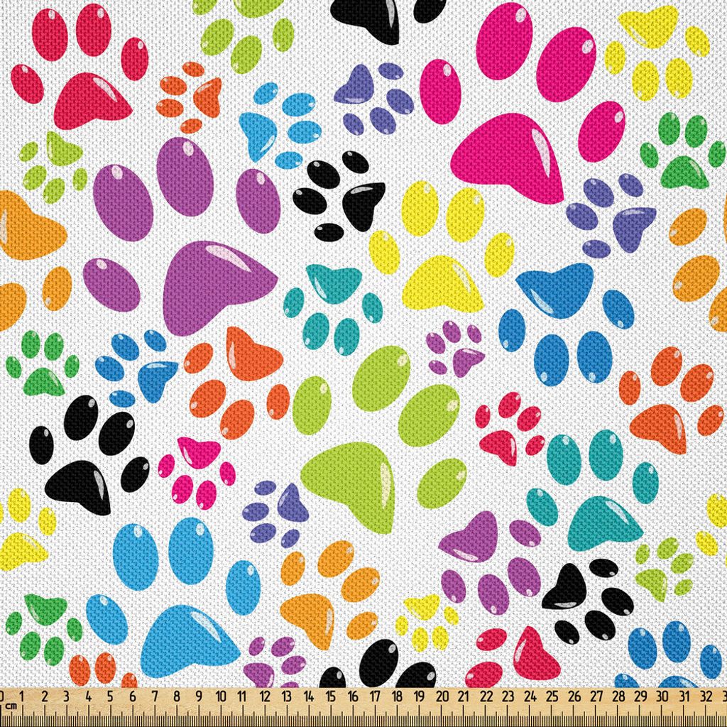 ABAKUHAUS Hund Satin Stoff als Meterware, Bunte Kleine Tatzen Nette Kindische Grafik Karikatur Ungewöhnliche Spuren Design, 5 M (148 x 500 cm), Vi...