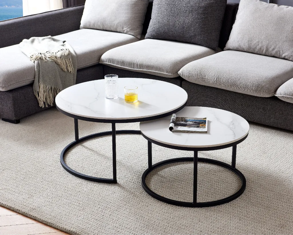 Ensemble de Tables de Salon Modulables Gain de Place Blanc Marbré