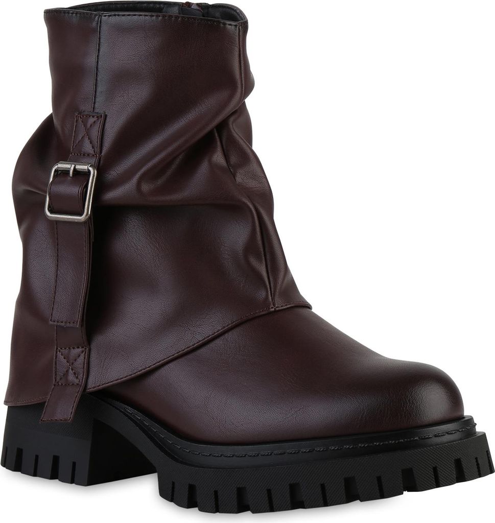 VAN HILL Damen Leicht Gefütterte Biker Boots Stiefeletten Schnallen Schuhe 841796, Farbe: Burgund, Größe: 38