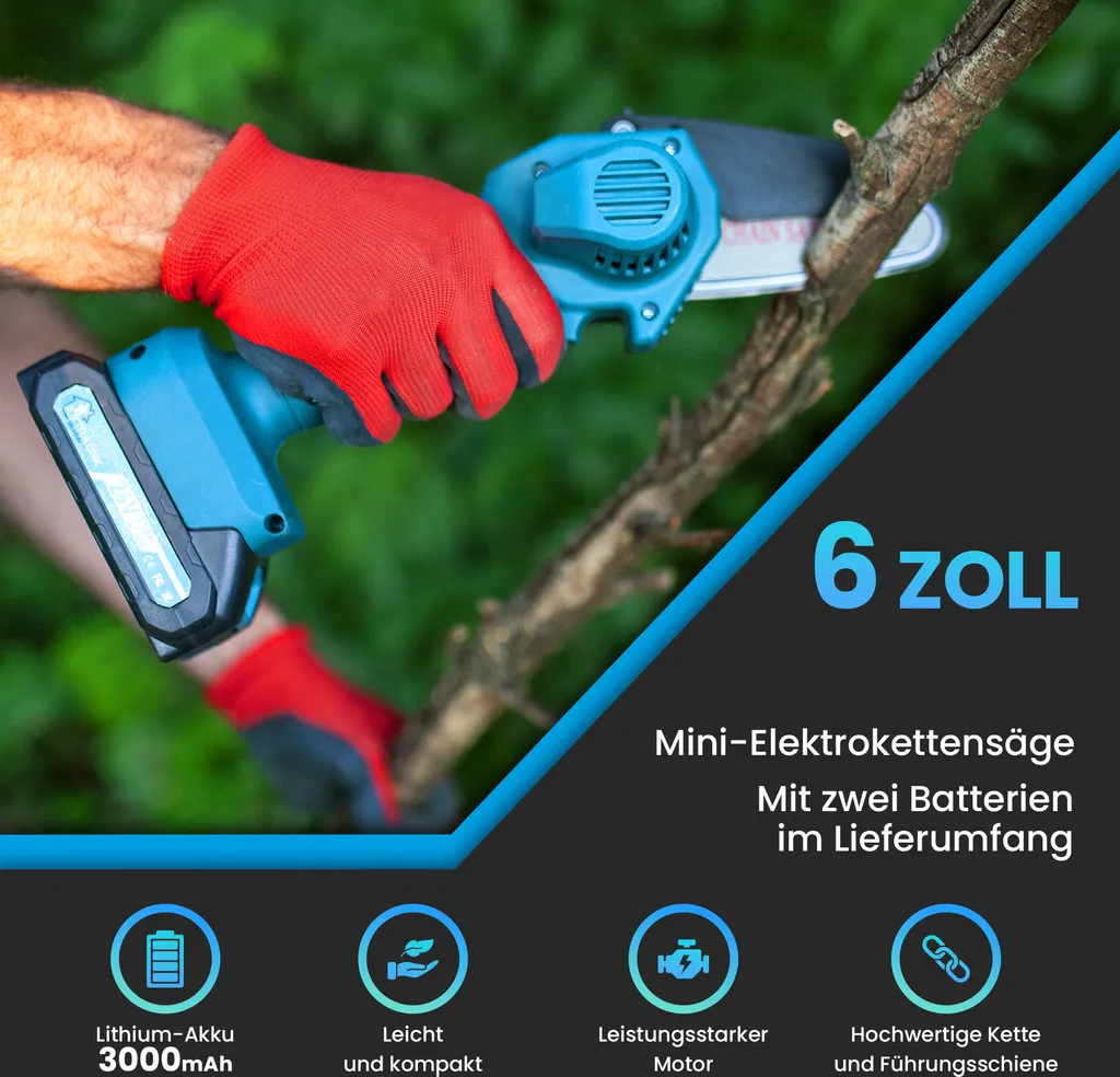 Mini motosega Extralink, 6 pollici 2x batteria da 3 Ah, dimensioni compatte, motore potente e catena 3x in resistente acciaio temprato per un taglio uniforme, impugnatura confortevole, motosega a guida manuale - 2