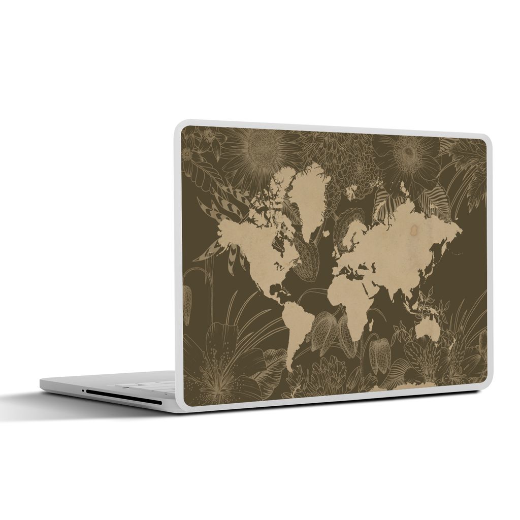 MuchoWow Laptop Aufkleber Sticker Cover Weltkarte - Blumen - Braun 40x30 cm - Laptop Dekoration - Selbstklebend