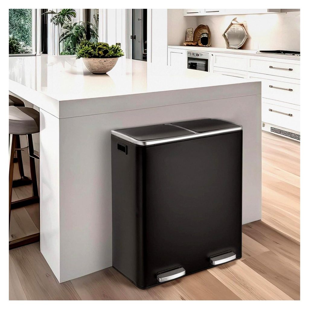 Mülleimer mit 2 Fächern, Abfalleimer für die Küche 60L (2x 30 Liter), aus Metall, mit Softclose-Deckel, 2 Kunststoff-Inneneimern, Griffen, rech...