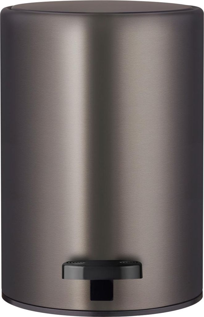 A close-up studio shot of a gray pedal trash can.