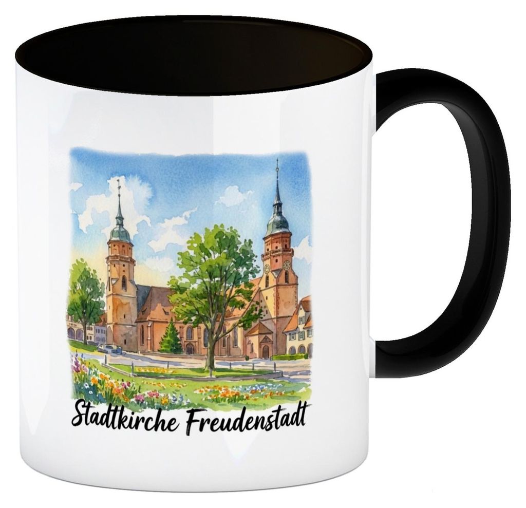 Stadtkirche Freudenstadt Kaffeebecher in schwarz Aquarell