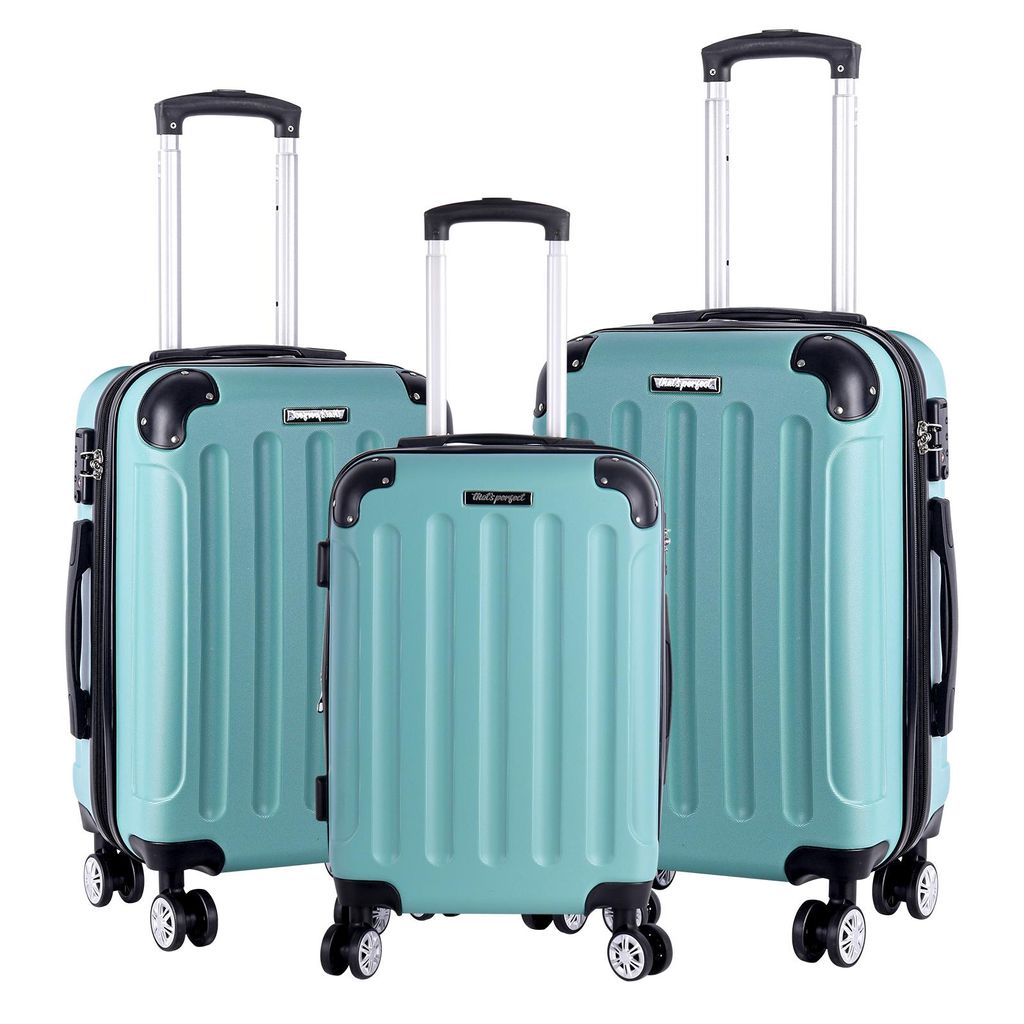 Three teal suitcases of different sizes are displayed against a white background.