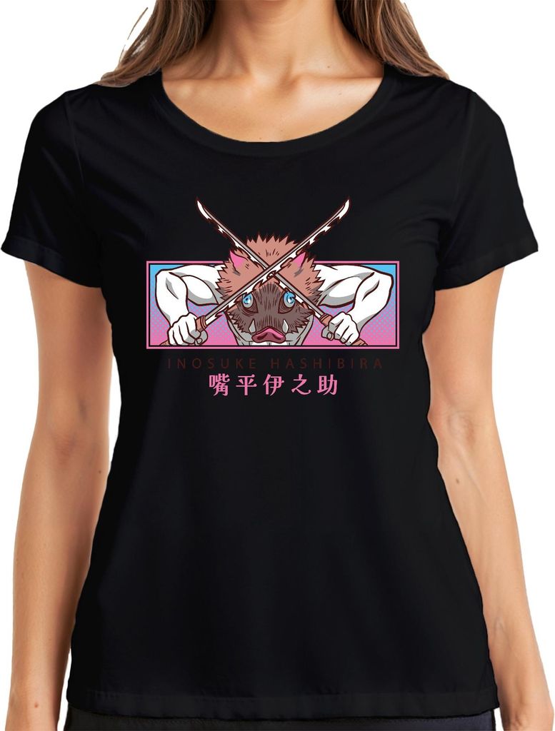 Inosuke Hashibira Ebermaske Gekreuzte Schwerter Kimetsu Geschenk Damen T-Shirt, Schwarz, 3XL