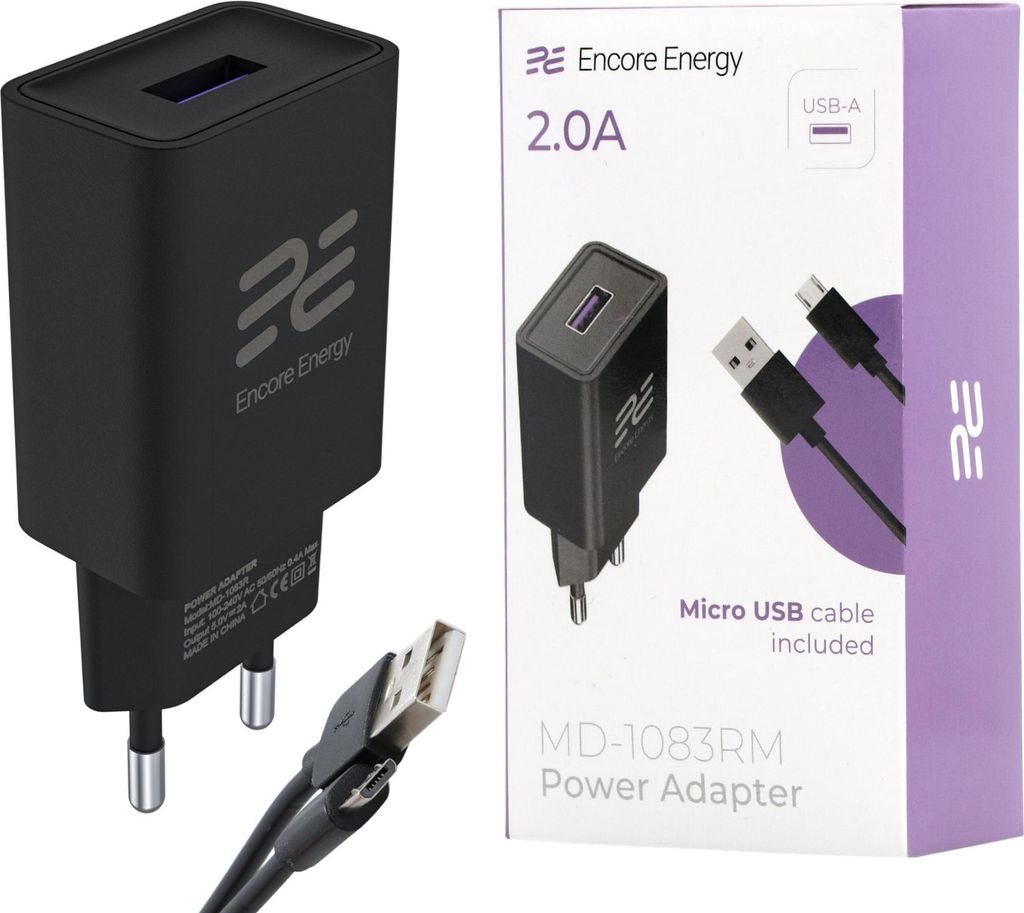 Netzladegerät 10W USB-A + Micro-USB-Kabel Universal-Ladegerät Encore Energy MD-1083RM