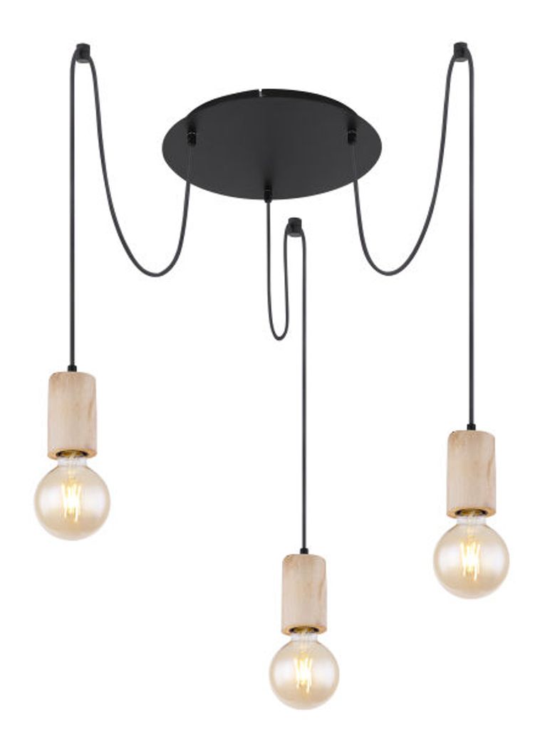 Globo Lighting Hängeleuchte Metall schwarz matt, Holz naturfarben, mit drei Aufhängungen zur Kabelkürzung, ø: 350mm, H: 1600mm, exkl. 3x E27 60...