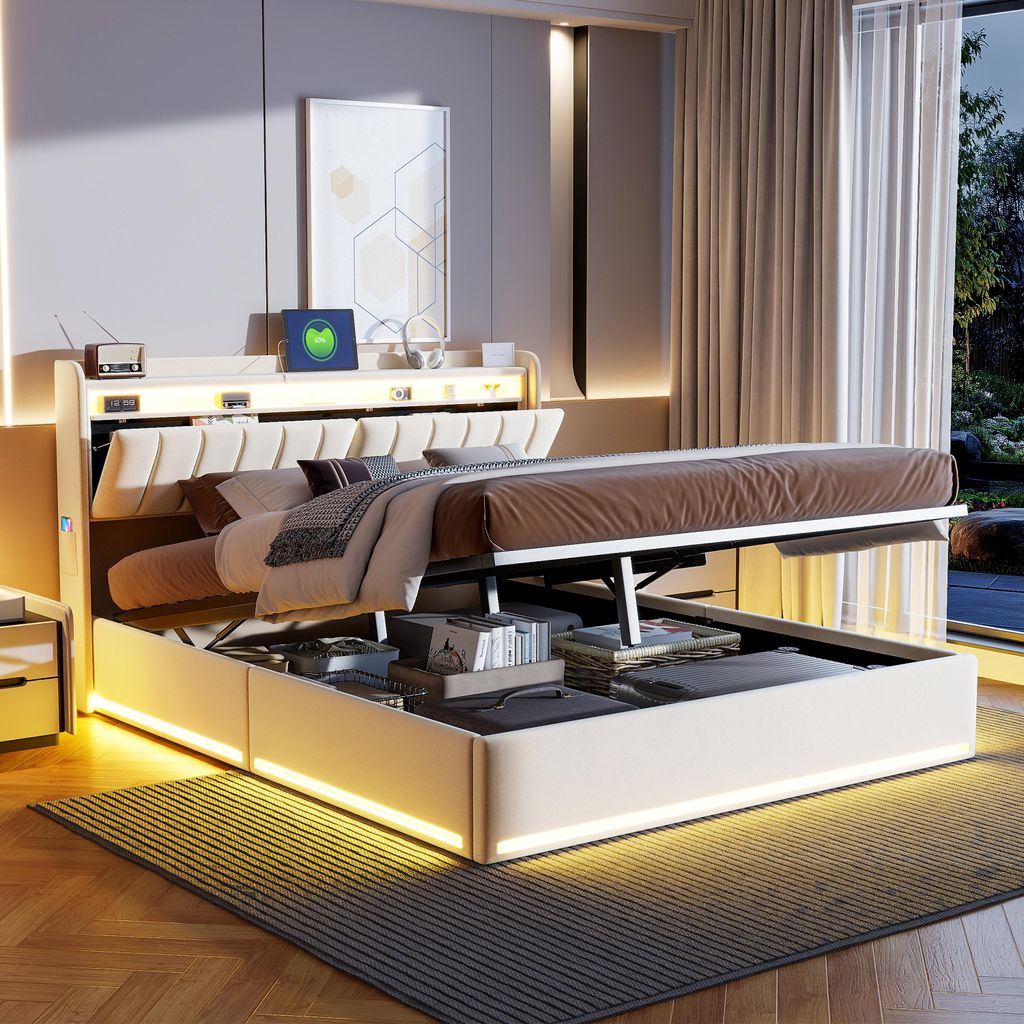 ProximaX Das beigefarbene, samtbezogene Bett mit den Maßen 140x200 cm verfügt über LED-Leuchten, eine USB-Ladefunktion sowie Stauraum unter dem ...