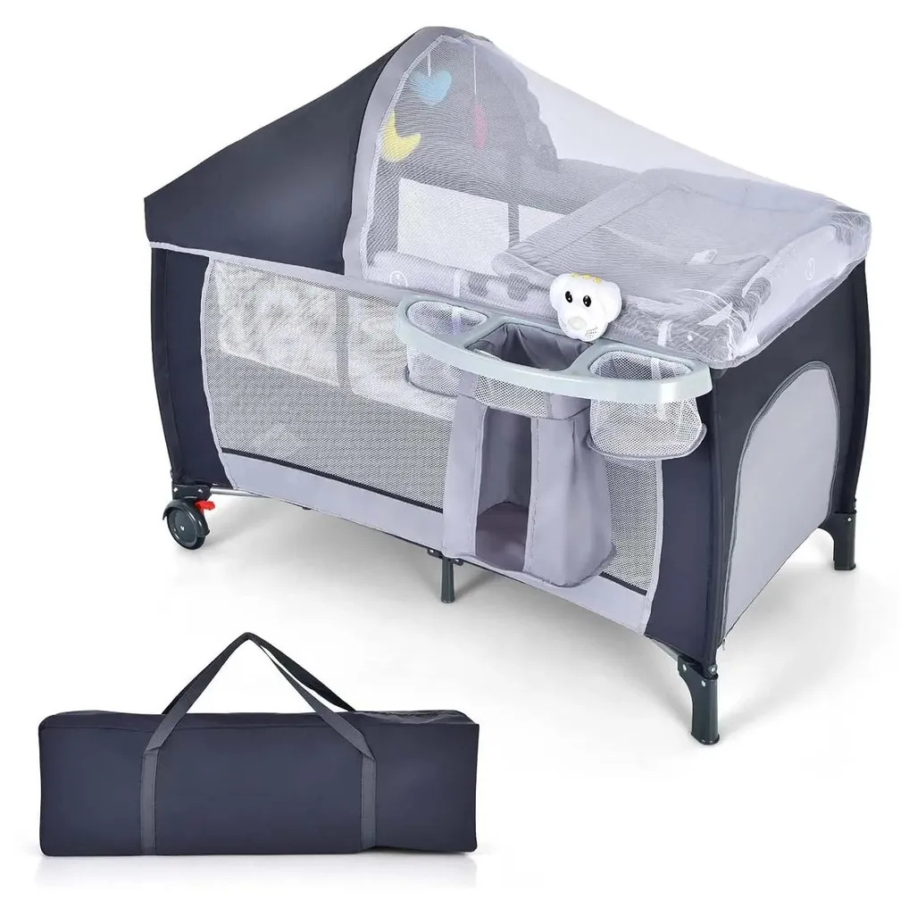 Lit de voyage 4-en-1 pour vacances bébé : pliable, balancelle et jeux gris