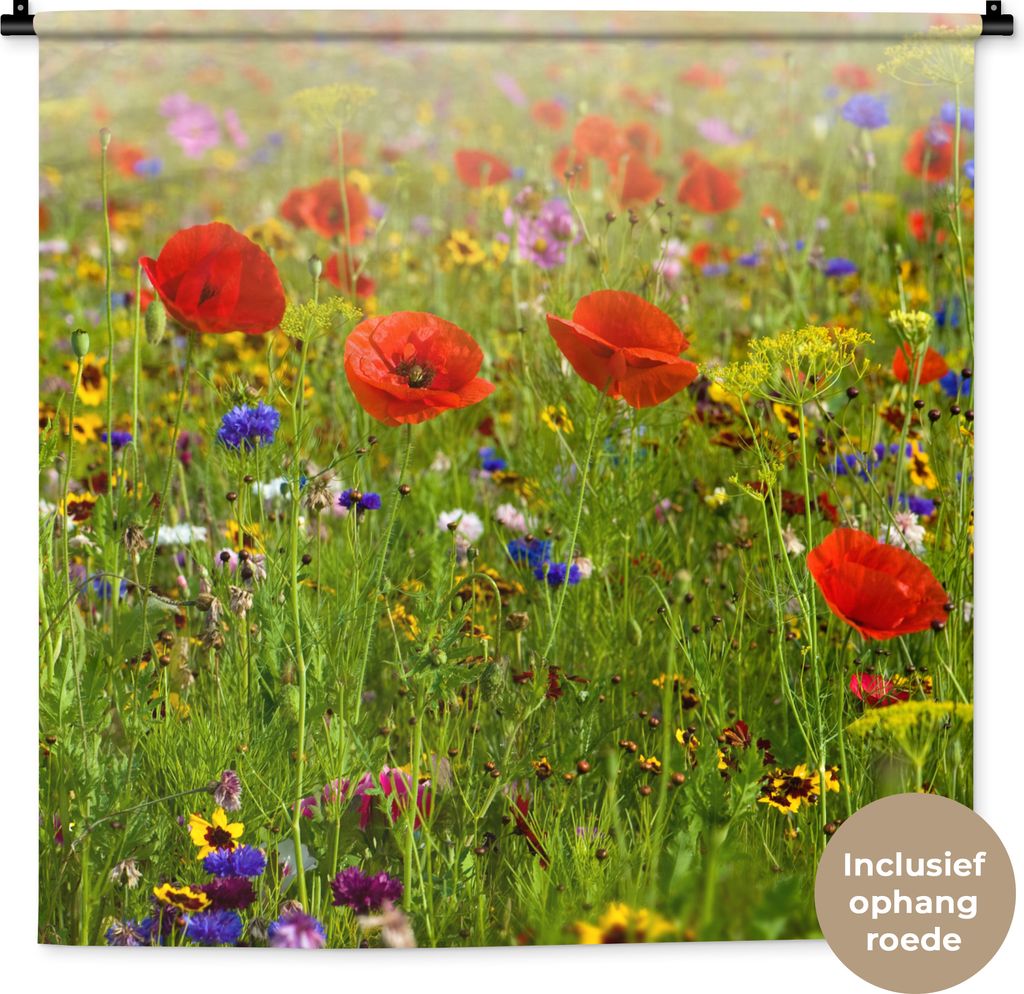 MuchoWow Wandteppich Wandbehang Frühling - Blumen - Rot - Mohn - Gras - Grün 90x90 cm Tapisserie Dekoration Wandtuch - Wandaufhänger
