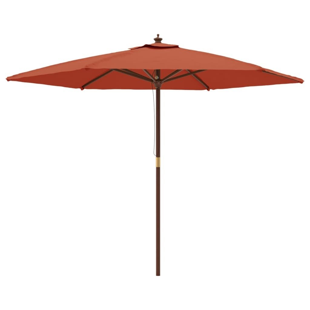 A single outdoor umbrella with a wooden pole.