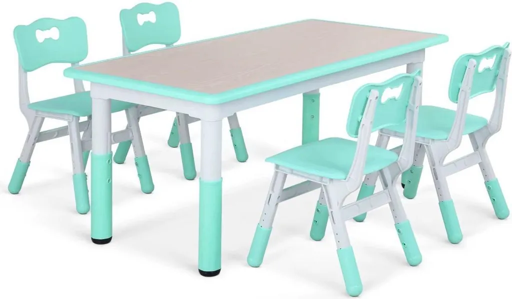 Table Enfant Réglable en Hauteur en PP ABS Vert avec 4 Chaises Robustes