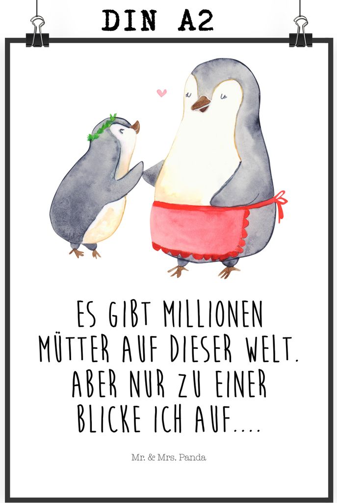 Mr. & Mrs. Panda Bild Pinguin mit Kind DIN A2 - Weiß - Geschenk, Plakat, Wandbild, wanddeko, Mama, Muttertag, Vorbild, Familie, Mutter, wandkunst,...
