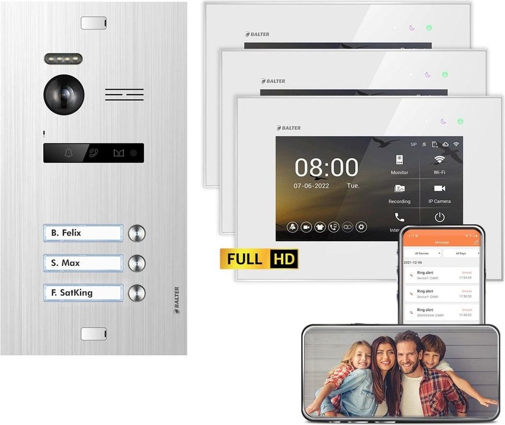 BALTER EVO HD Unterputz Silber 3x7" WiFi Monitor Weiß Video Türsprechanlage Set 3 Teilnehmer
