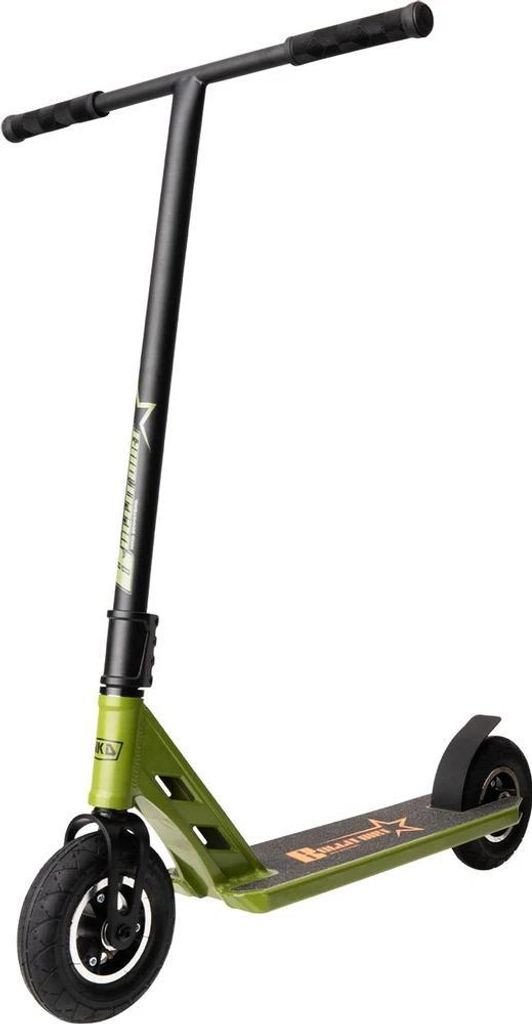 A studio shot of a dirt scooter against a white background.