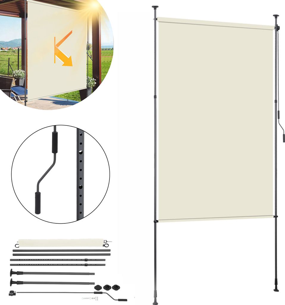 Clanmacy Senkrechtmarkise Außenrollo 120 x 270 cm Balkonrollo mit Handkurbel Sichtschutz Vertikalmarkise ohne Bohren Sonnenschutz Windschutz Creme