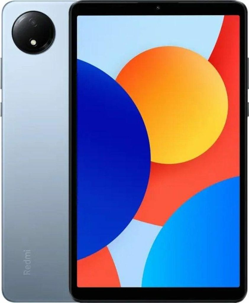 A tablet device is shown with a colorful abstract background.