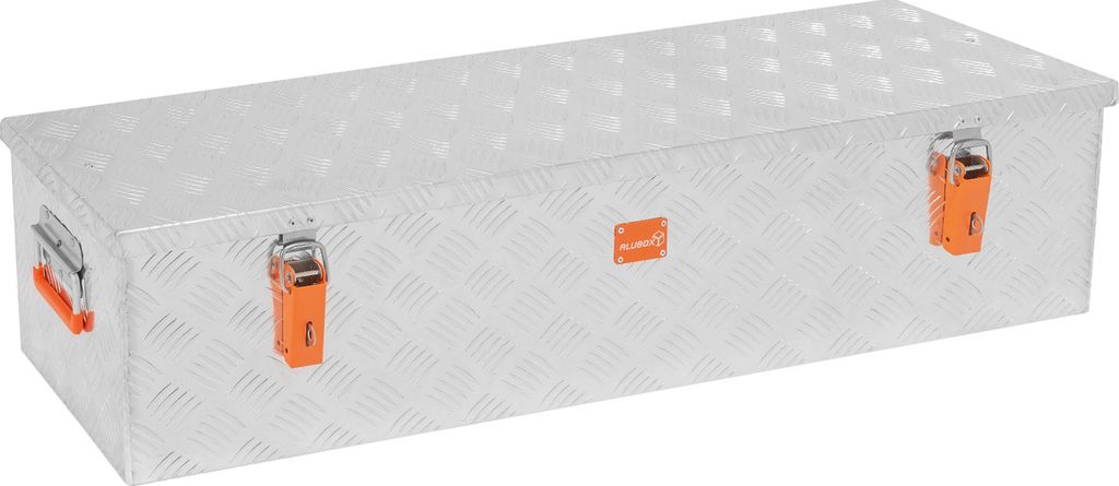 A silver aluminum storage box with orange latches on a white background.